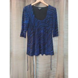 Women's Dressbarn Dressy Glitter Blue/Black 3/4 Sleeves Tie Back Blouse Size PM